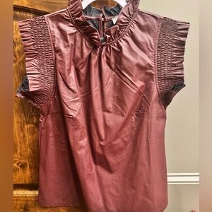 THML Flutter Sleeve Maroon Faux Leather Top